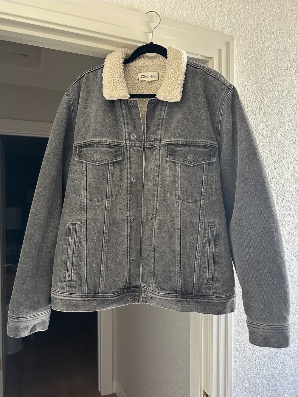 Madewell Grey Denim Truck Jacket with Cream Sherpa Collar